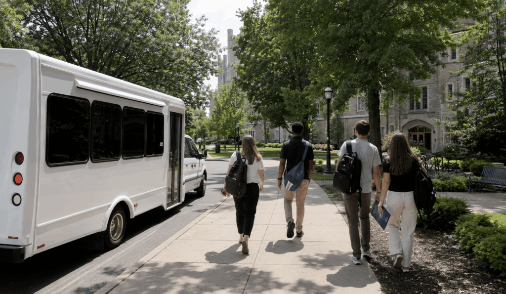 small student group arriving near butler university for a campus tour