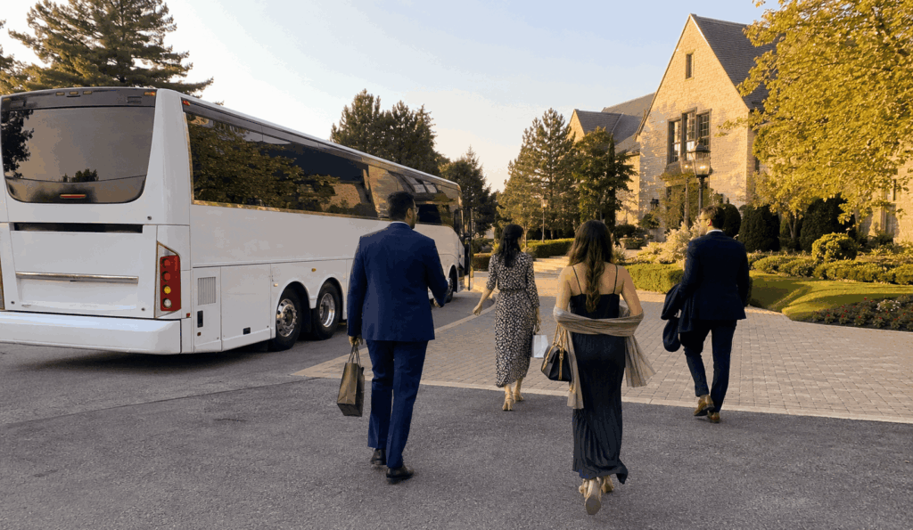 charter bus arriving with wedding guests at an elegant carmel wedding venue in hamilton county, indiana