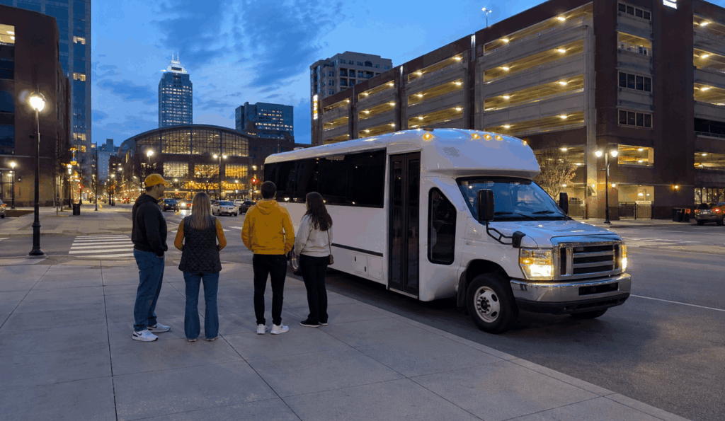 small group using a minibus for a game night ride to gainbridge fieldhouse in indianapolis
