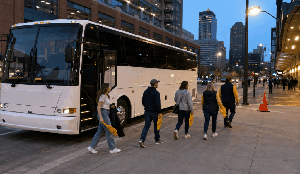 group arriving by charter bus near gainbridge fieldhouse for a pacers or fever game in downtown indianapolis