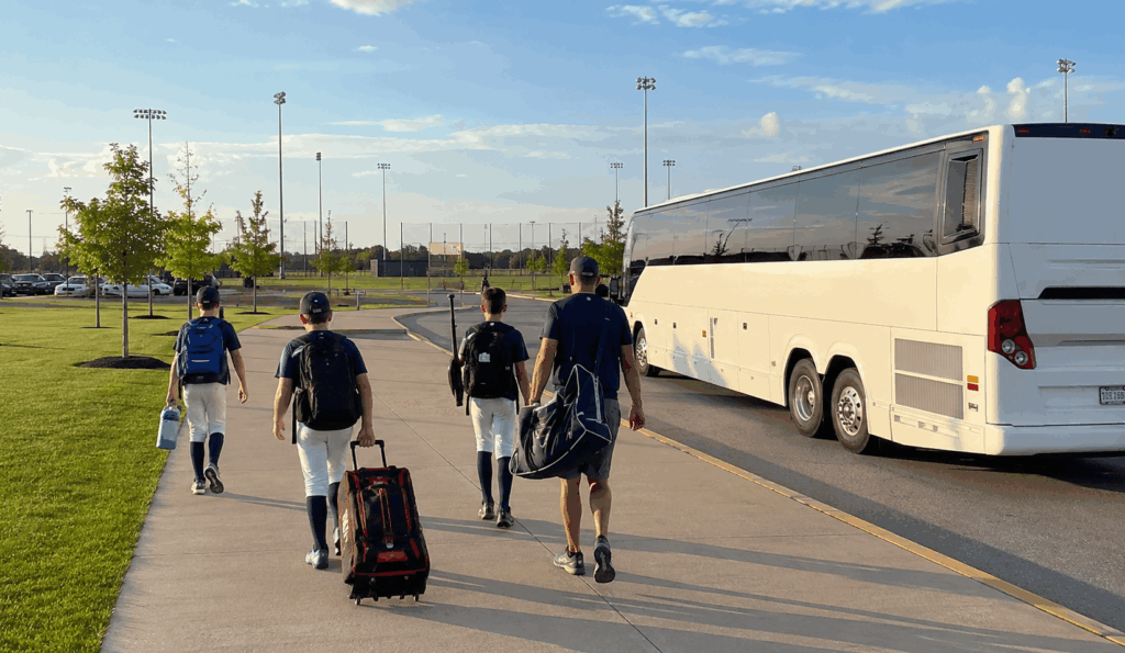 youth sports team arriving by charter bus near grand park sports campus in westfield indiana