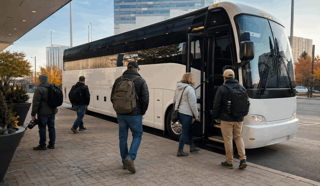 group boarding a charter bus in indianapolis before departing for brown county and nashville, indiana