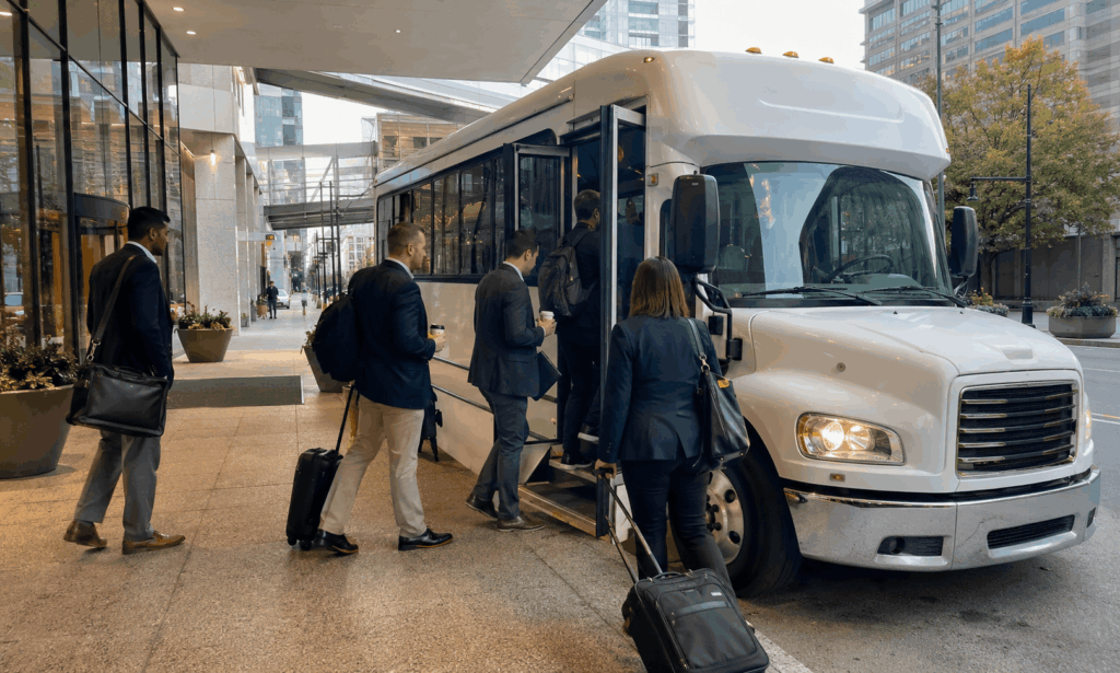 corporate attendees boarding a shuttle bus at a downtown indianapolis hotel pickup curb