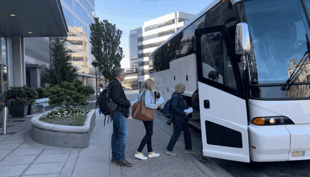 group boarding an unbranded charter bus at a downtown indianapolis pickup point for a day trip