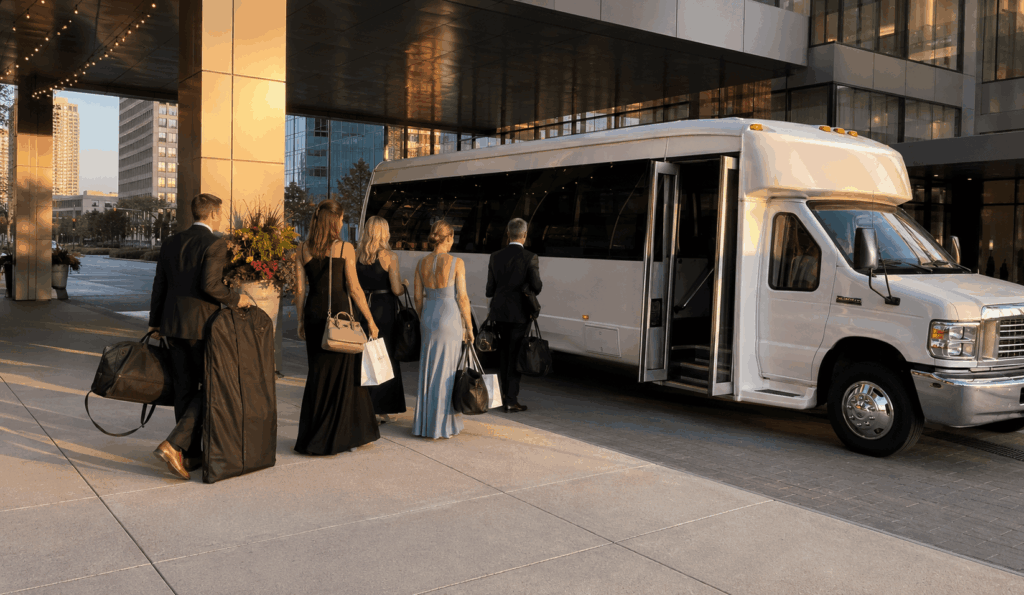 wedding guests gathering near a hotel entrance before boarding a wedding shuttle in downtown indianapolis