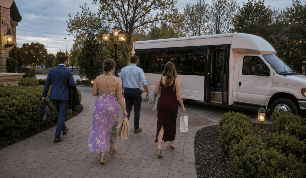 couple reviewing wedding shuttle quote details near a white shuttle bus in indianapolis