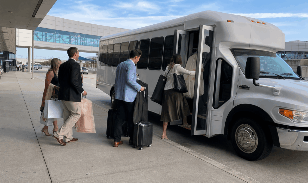 wedding guests boarding a charter shuttle at indianapolis international airport ground transportation area