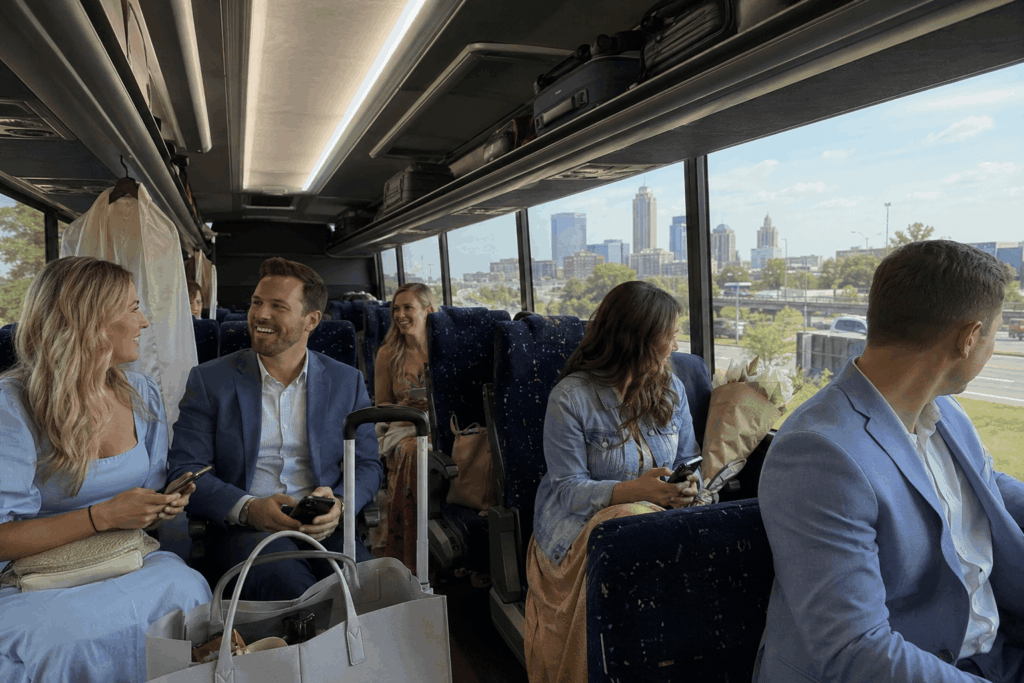 wedding guests riding together on a charter shuttle bus from indianapolis international airport to their downtown hotel