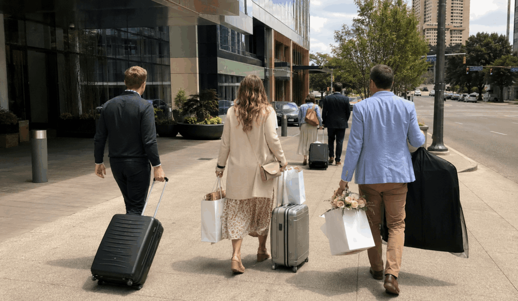 wedding guests arriving at downtown indianapolis hotel after a group airport shuttle from indianapolis international airport