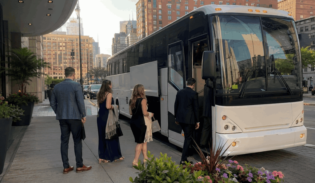 wedding guests boarding a white charter bus outside an indianapolis hotel for a wedding shuttle