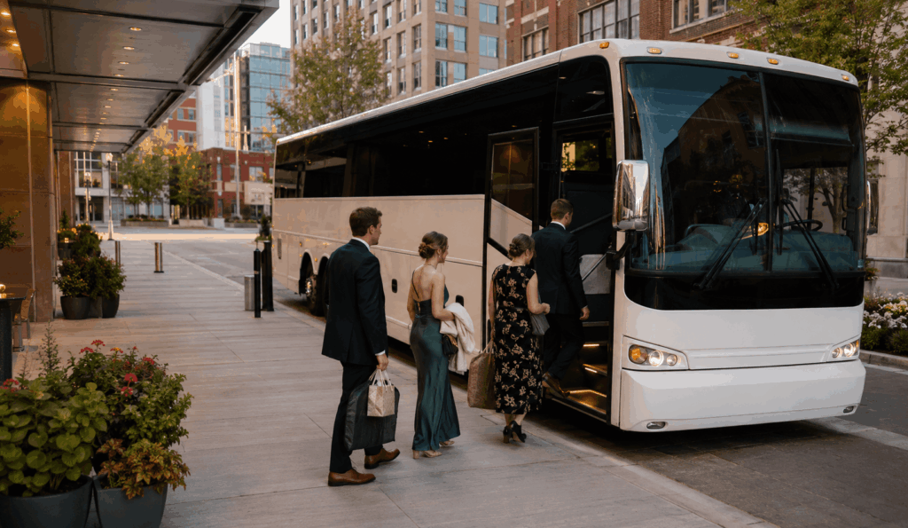 wedding guests boarding a charter bus outside a downtown indianapolis hotel before a wedding ceremony