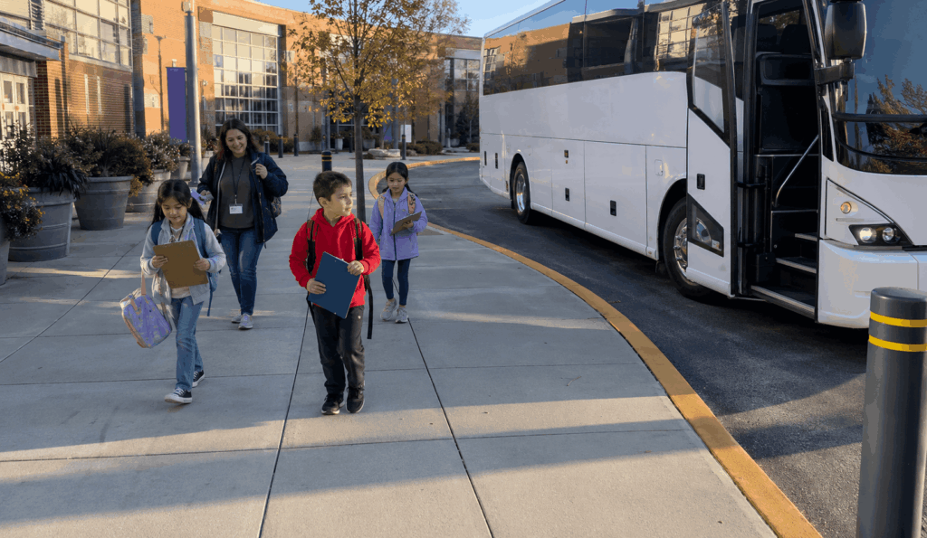 school group arriving by bus for a field trip at the indianapolis zoo
